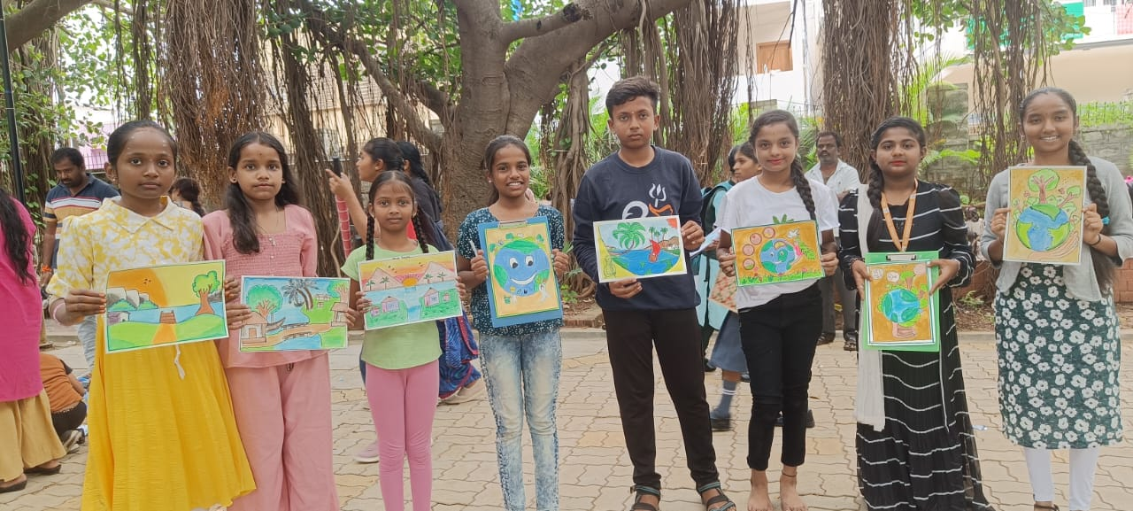 Students with creative artwork